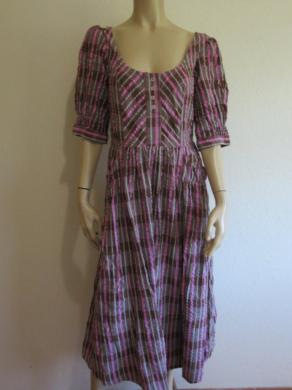 FREE PEOPLE Multicolor S 3/4 Puffy Sleeves Midi Scoop Neck Cotton Stripe Dress